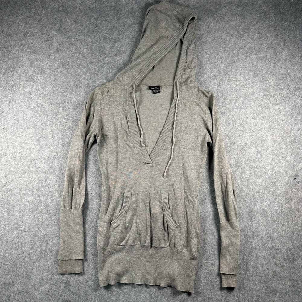 rue21 V-Neck Pullover Hoodie Medium Gray Lightweight Knit‎ Rayon Blend